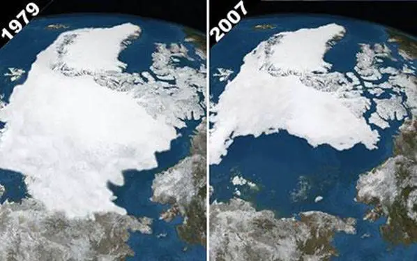 Arctic ice in September 1979 and 2007. By comparing the images we see the greatest reduction of glaciation since we started with satellite imagery. Photo NPA Ltd.