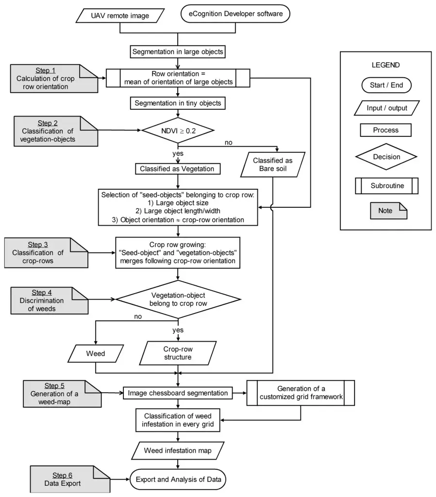 Flowchart of the OBIA procedure for classification of crop rows and weeds and generation of a weed infestation map.