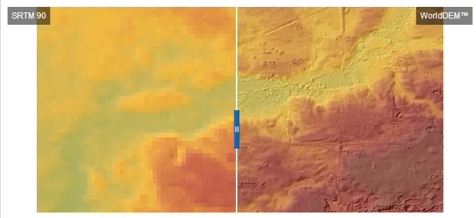 Comparison of SRTM 90 (left) and WorldDEM™ (right) data illustrating the substantial improvement in accuracy and quality of the new dataset; Location: Minnesota, USA