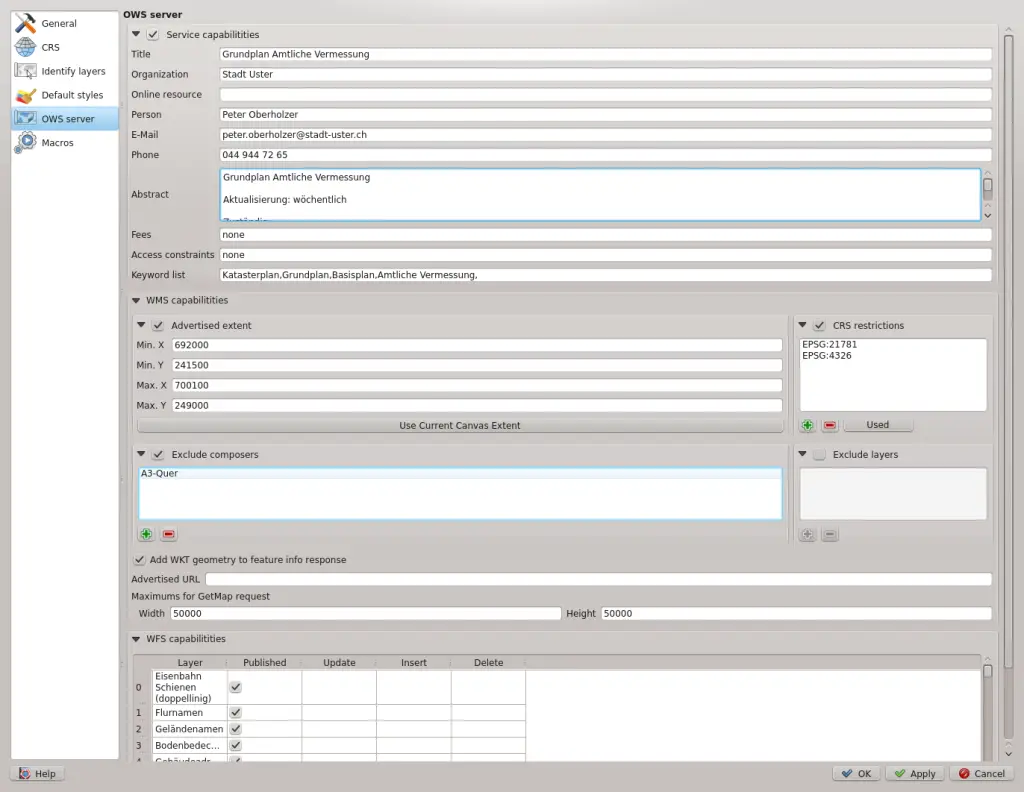 A screenshot of QGIS Server configuration in QGIS Desktop 