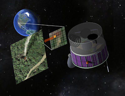 An artist’s concept of the FUEGO satellite, which would snap digital photos of the Western U.S. every few seconds in search of hot spots that could be newly ignited fires. Image by R. E. Lafever, Lawrence Berkeley National Laboratory.