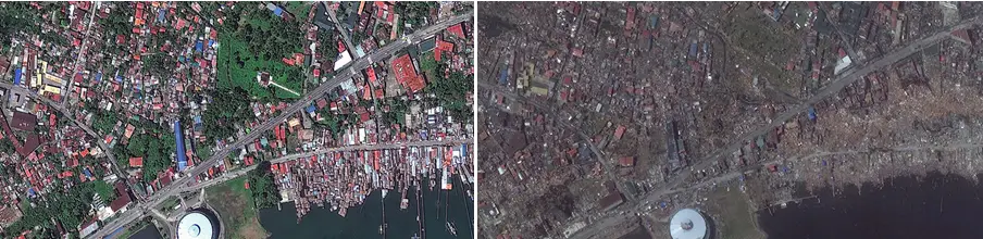 A DigitalGlobe image taken Feb. 22, 2012, shows the city of Tacloban before Typhoon Haiyan. At right, the same area on Nov. 10, 2013.