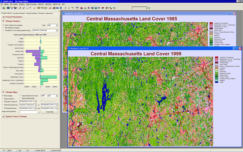 Land Change Modeler provides a set of tools for the rapid assessment and mapping of change, allowing for one-click evaluations of land cover gains and losses, net change and persistence, both in map and graphical form. Image Courtesy: Clark Labs