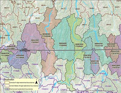 U.S. and Canadian harmonized international sub-basins displaying Canadian 5-digit and U.S. 8-digit hydrologic unit codes; now available within the Watershed Boundary Dataset.