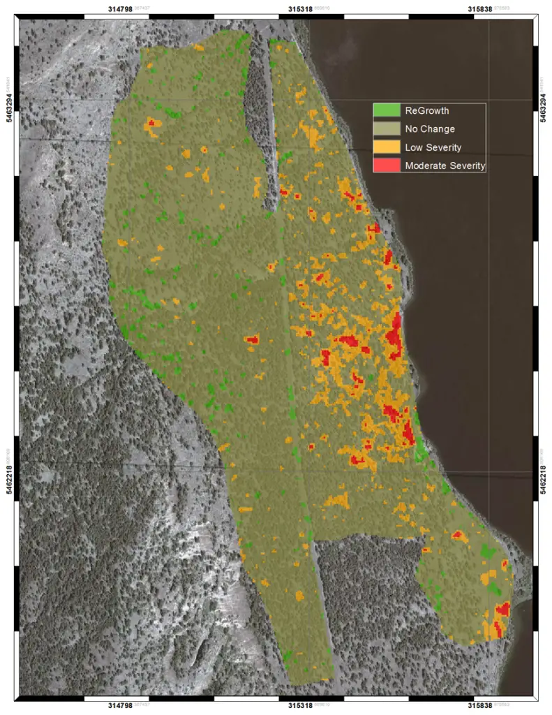 RapidEye satellite imagery helps map forest attributes after a low-severity fire in the southern Okanagan. Photo: BlackBridge. All rights reserved.