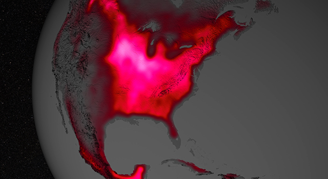 The magnitude of fluorescence portrayed in this visualization prompted researchers to take a closer look at the productivity of the U.S. Corn Belt. The glow represents fluorescence measured from land plants in early July, over a period from 2007 to 2011. Image credit: NASA's Goddard Space Flight Center