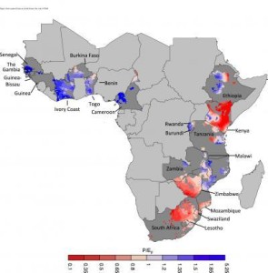 Researchers analyzed water availability trends in African maize-growing regions from 1979 to 2010. Each quarter-degree grid cell represents a 200-square-mile area and is colored according to its average water availability level during the maize growing season. In redder areas, water availability is more limited by rainfall levels, while bluer areas are more limited by evaporative demand. (Image source: Environmental Research Letters)