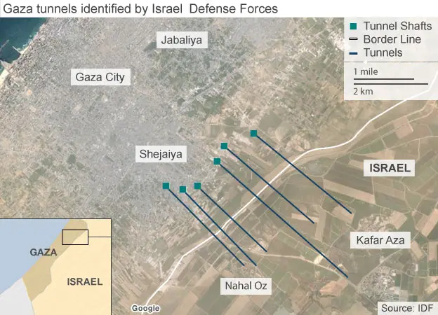 A map of six of the 32 tunnels which the IDF says it has found in Gaza