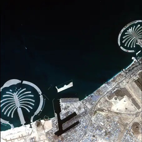 A 2.5-m resolution pan sharped image of the Palm Jebel Ali and Palm Jumeira, by DubaiSat-1.