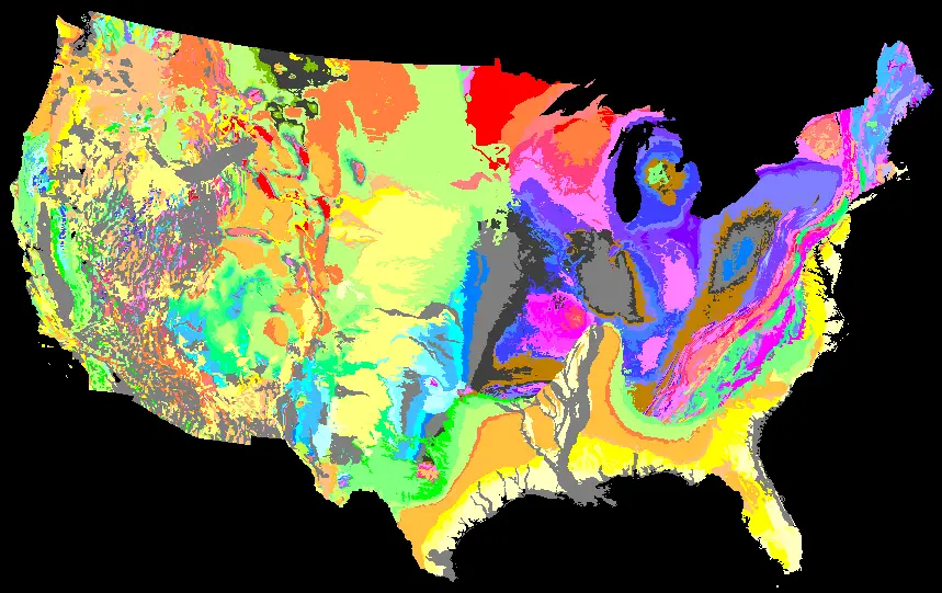 Geologic map of the conterminous United States at 1:2,500,000 scale.