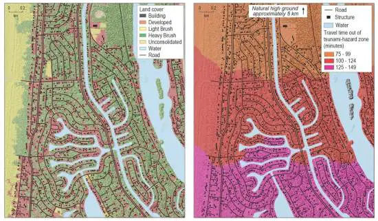 Landcover map (left) and pedestrian evacuation time estimate map (right) Ocean Shores, WA