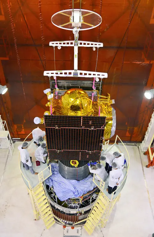 IRNSS-1C being assembled with PSLV-C26 in the Mobile service Tower