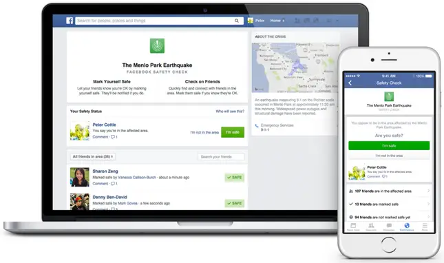 If you're near a natural disaster, you can tell friends if you're safe and check to see if they're safe, too.   Credit: Fcaebook