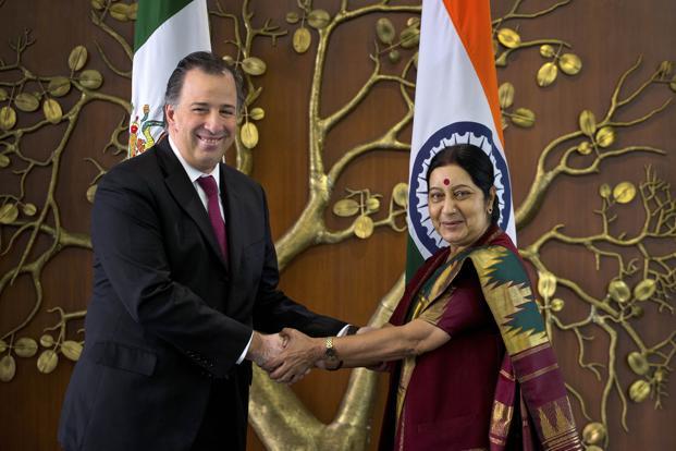 External affairs minister Sushma Swaraj (right) and her Mexican counterpart Jose Antonio Meade Kuribrena also decided to explore cooperation in the hydrocarbon sector. Credit: PTI