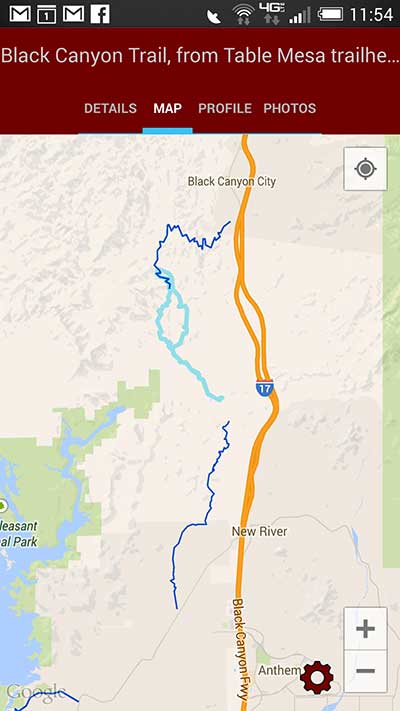 Screen shot of the MTB Project mobile app, showing the Black Canyon Trail in Arizona. Credit: USGS