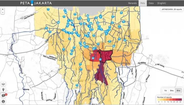 PetaJakarta.org map showing the density of flood-related Tweets in each district. Courtesy of PetaJakarta.org.