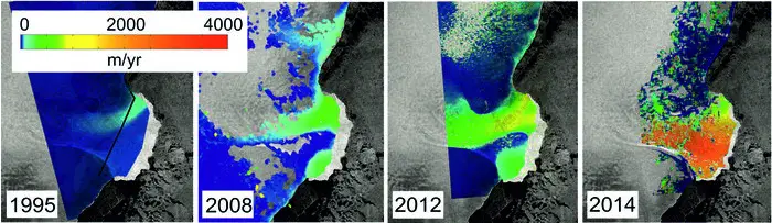A closer look at the southeast region is shown in the four smaller figures below. These figures show the evolution of ice velocity over the last two decades. Ice velocity in 2014 was mapped using Sentinel-1A and the DLR German Aerospace Center’s TerraSAR-X mission. Credit: CPOM/GRL