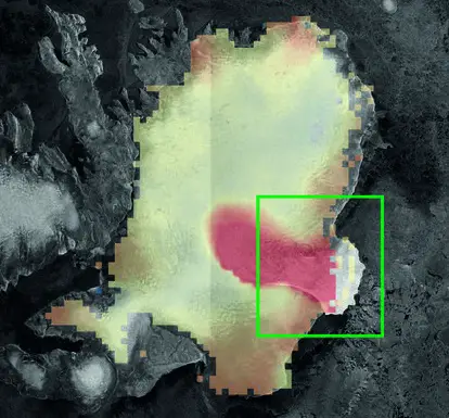 The figure above shows the rate of ice cap elevation change between 2010 and 2014 observed by CryoSat, overlaid on an image acquired by Sentinel-1A (in 2014). Red indicates that the ice surface is lowering. In the southeast region (green box) ice thinning far exceeds the colour scale of 2 m per year. CPOM/GRL
