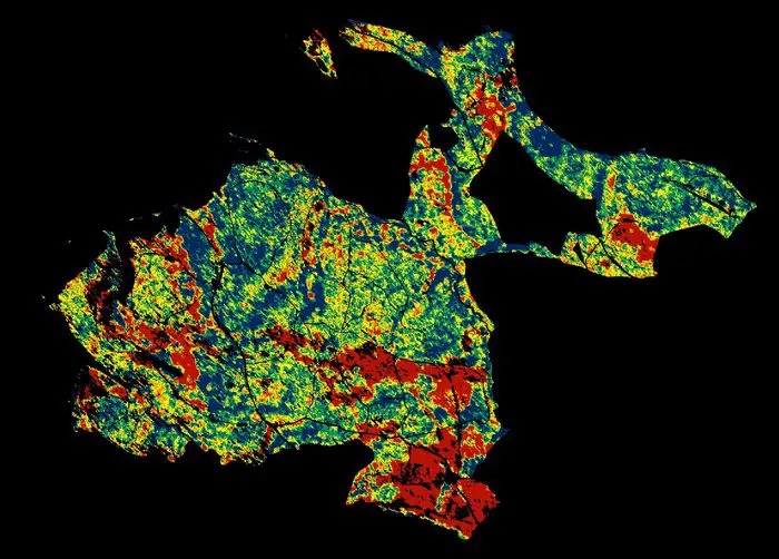 Changes in forest height. This image of forest in Traustein, Germany, shows how radar can accurately measure changes in forest height over time. Red corresponds to forest parcels where height has been reduced by 5–10 m between 2003 and 2009, possibly owing to logging or storm damage. By contrast, blue corresponds to forest that has grown by 5–10 m over the same time. Green depicts little change. Credit: DLR HR Microwave and Radar Institute