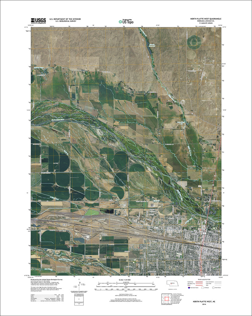 New version of the North Platte, Nebraska US Topo quadrangle: 2014, with orthoimage turned on.