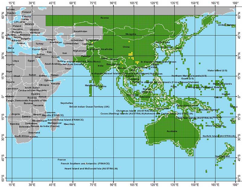 Shaded grid over most of Asia, Japan, and Australia indicates the coverage of the third of four releases of improved topographic (elevation) data now publicly available through USGS archives