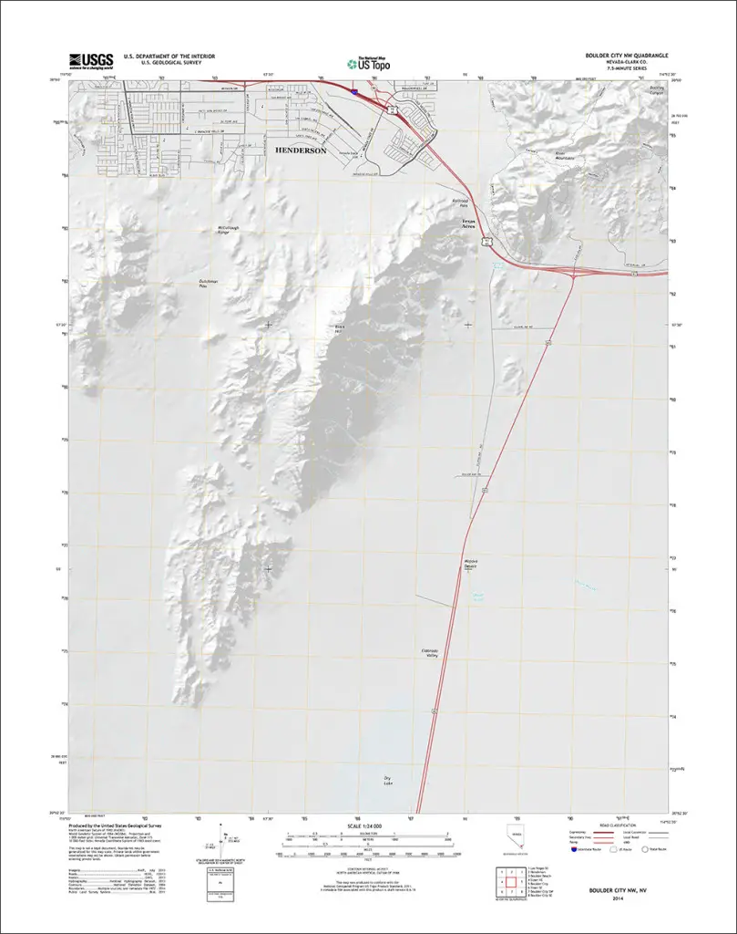 Updated 2015 version of Boulder City, Nevada quadrangle with orthoimage turned off to better see the trail network. (1:24,000 scale)