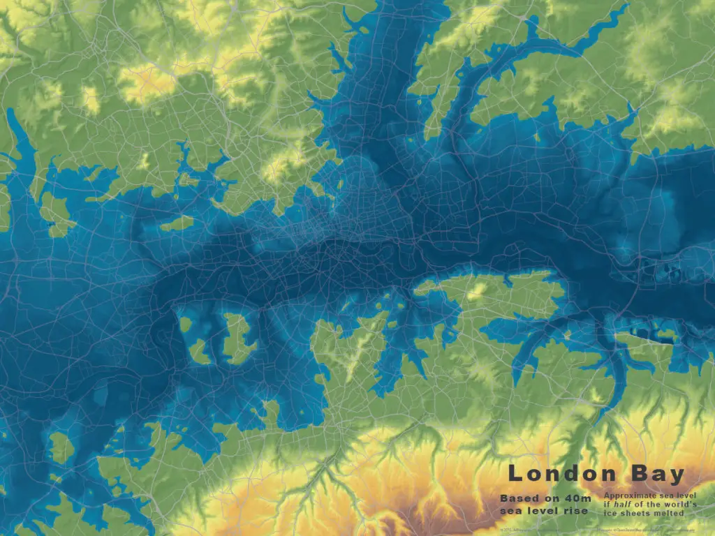 Base maps for London, at 40m of sea level rise.