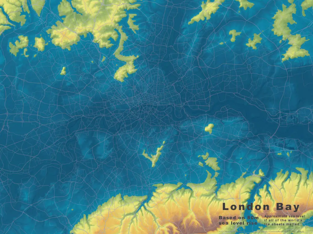 Base maps for London, at 80m of sea level rise.