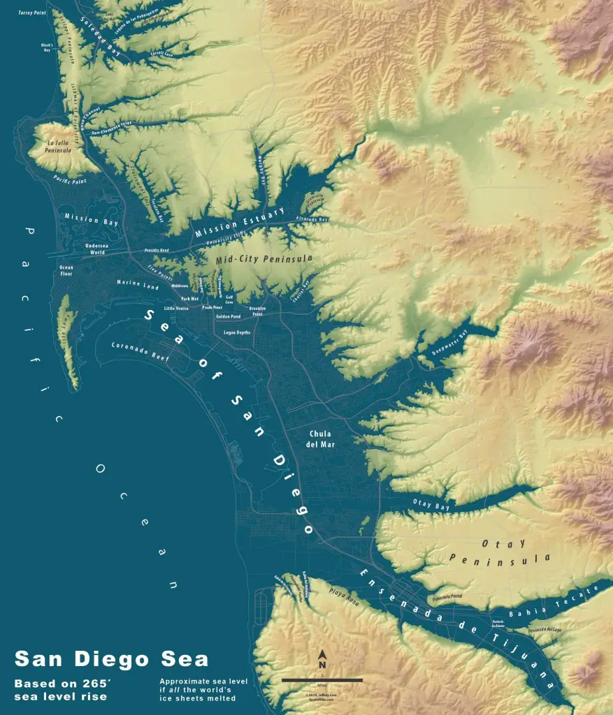 Extreme sea level rise maps of San Diego Sea based on 265 sea level rise