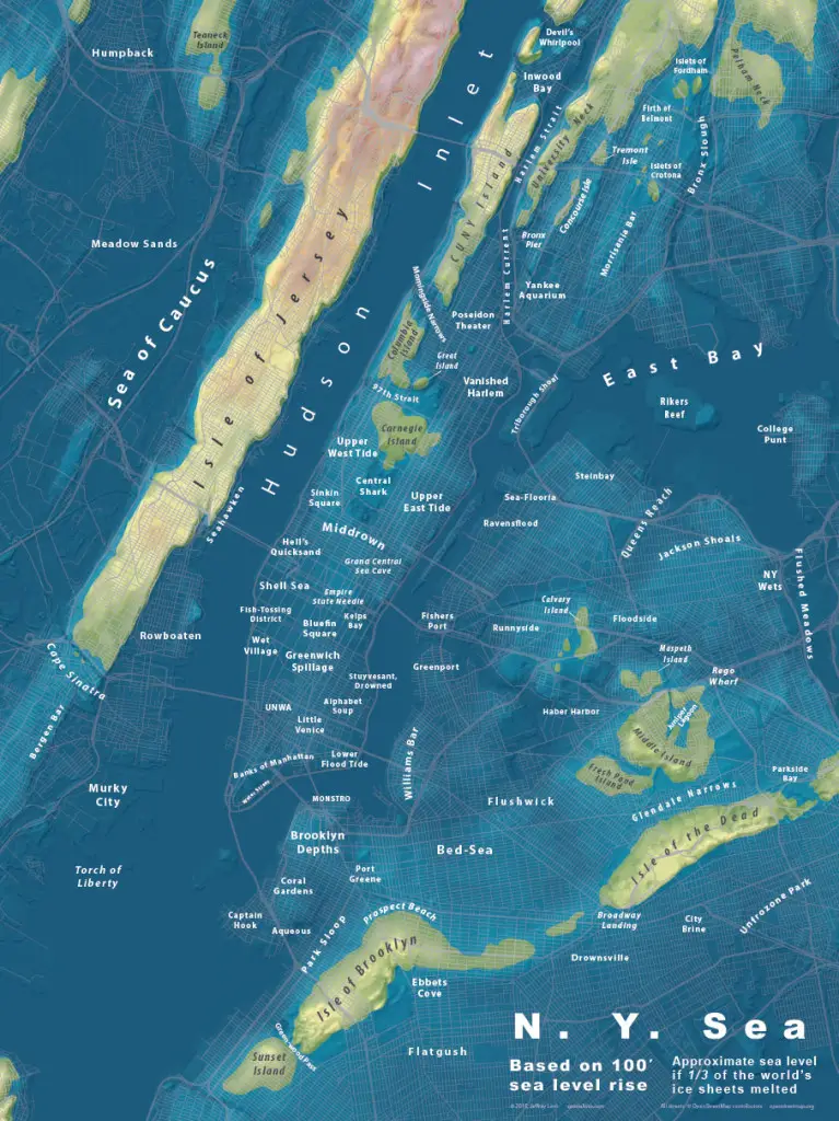 This NYC map shows the effects of 100 feet of sea level rise. According to the USGS, the highest it could rise is about 260 feet.