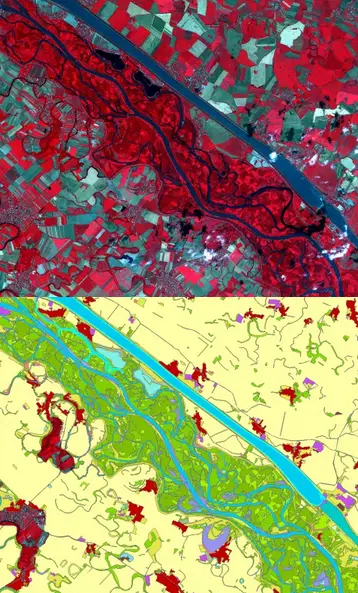 Very High Resolution satellite imagery of the Danube area (upper image) and the derived land use/land cover map (lower image). Credits: Copernicus Land Monitoring service (Satellite imagery © Airbus Defence & Space, 2011, provided under EC/ESA GSC-DA).