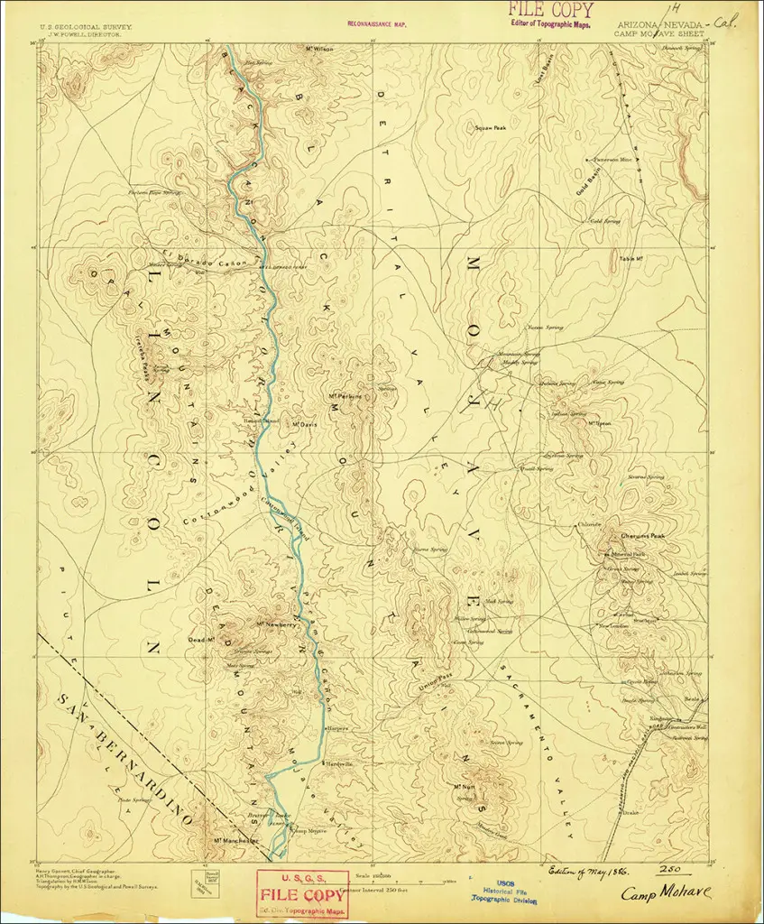 Vintage 1886 quadrangle covering the Boulder City, Nevada and Camp Majove, Arizona area from the USGS Historic Topographic Map Collection. 1:25,000 scale