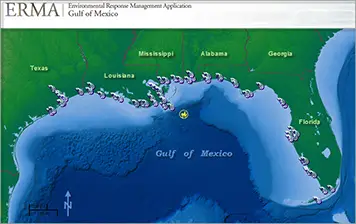 ERMA displays sampling locations in the Gulf of Mexico for the NOAA Mussel Watch Program, which monitored contaminant levels from mussels before and after the Macondo well blow-out in 2010 (well site shown in yellow). Source: NOAA.