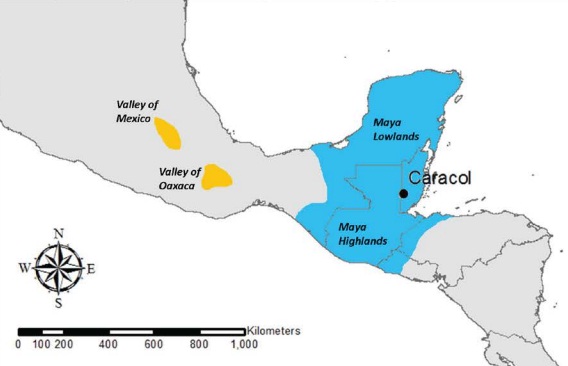 Map of Mesoamerica showing the location of the Valleys of Mexico and Oaxaca in relation to sites in the Maya area