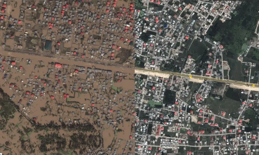 This image from the Jammu and Kashmir Crisis Map shows a before and after cross section from the city of Srinagar Sep. 2014.  Credit: Google India