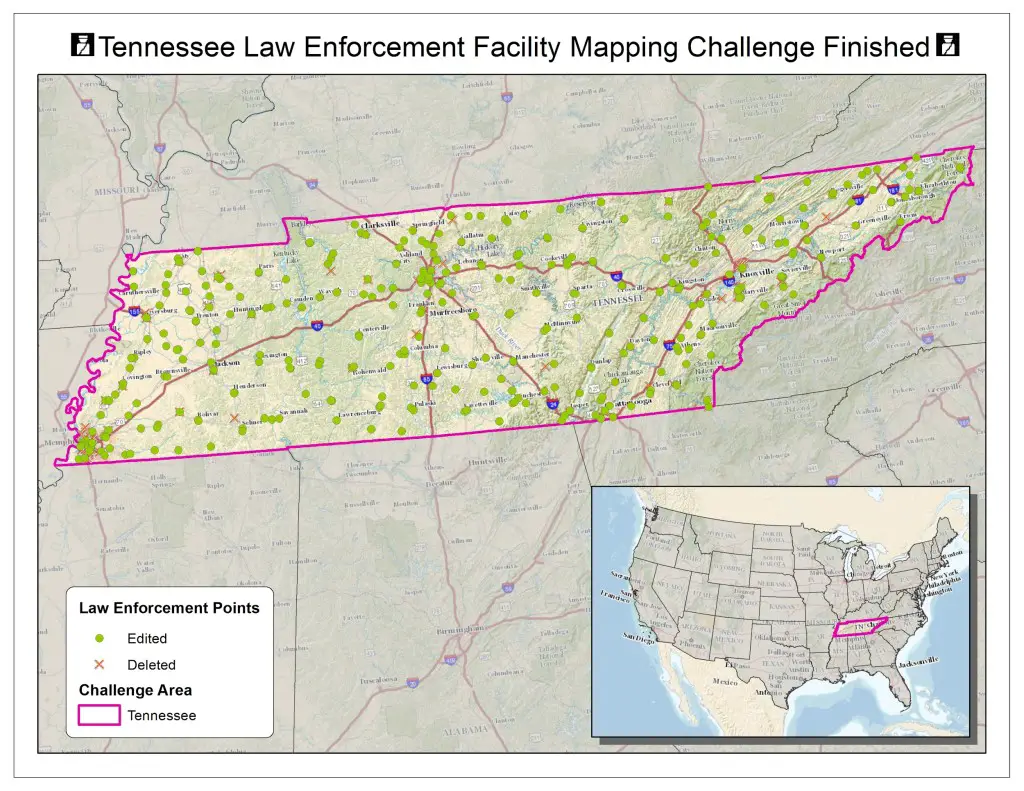 Screen-shot of the Tennessee Law Enforcement Facility Mapping Challenge showing the more than 440 edited points (green dots). At this scale, many dots contain more than one edited or verified structure.