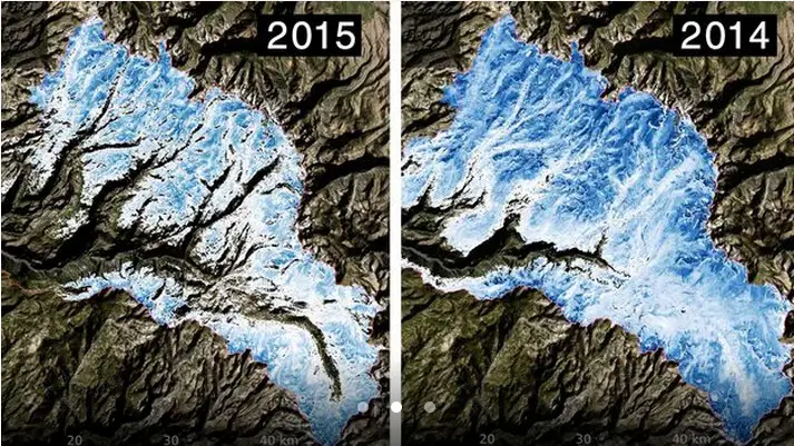 Spatial distribution of the total volume of water in the snowpack across the Tuolumne River Basin on March 25, 2015 (left) and April 7, 2014 (right) as measured by NASA's Airborne Snow Observatory. Credit: NASA/JPL-Caltech