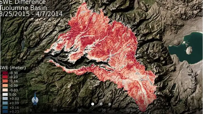 Deficit in the total volume of water contained within the Tuolumne River Basin snowpack from this time in 2014 to now. The deeper the red color, the greater the volume of water lost. Credit: NASA/JPL-Caltech