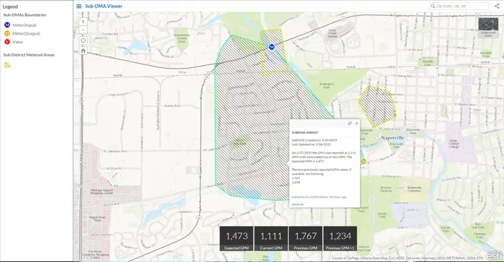 A view of Esri's Nighttime Flow Analysis shows a sub-district metered area outside Naperville, Illinois. The viewer helps decision makers compare flow in expected and actual gallons per minute to help identify leaks.