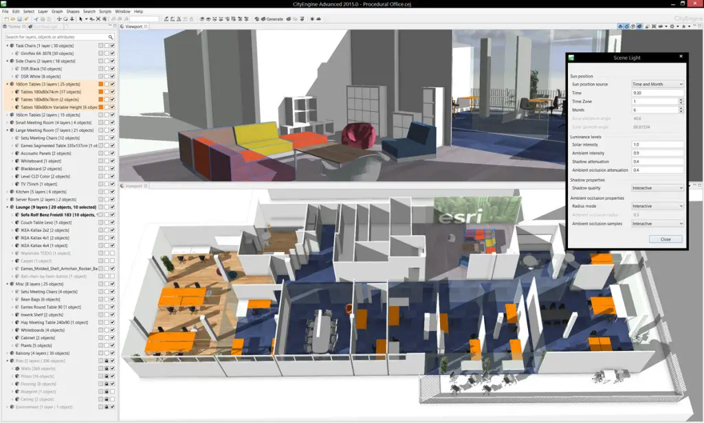 Modern layer management and enhanced real-time shadows based on daytime and location are available in the latest release of CityEngine.