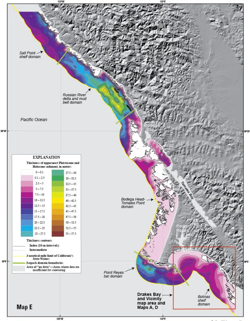 Map of offshore sediment thickness in State Waters between Drakes Bay and Salt Point, north of the Russian River. The thickest sediment in the region occurs offshore of the Russian River, and in a large bar along the south flank of Point Reyes Head. There is a relative lack of offshore sediment between Bodega Head and Point Reyes, where the shelf is characterized by abundant rocky habitat and much of the coastal sediment is trapped in large onshore dune fields.