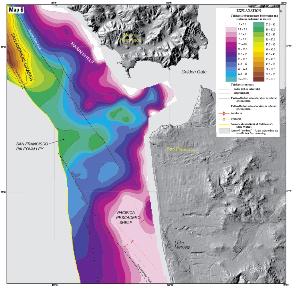 Map of sediment thickness in state waters offshore of San Francisco. About 21,000 years ago, sea level in this area was about 125 m lower and the shelf offshore San Francisco was an emergent land surface. At that time, the Sacramento River drained through the Golden Gate and eroded a valley ("the San Francisco paleovalley”) that was filled with sediment during subsequent sea-level rise. The thickest young sediment in the region occurs in the “San Andreas graben,” a basin that formed by crustal down dropping along the offshore section of the San Andreas fault. There is very little sediment on the shelf offshore of southern Ocean Beach (a pattern that extends south to Pescadero), a factor important for understanding and forecasting coastal erosion in this area.