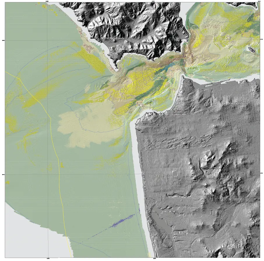 “Seafloor character” map of the San Francisco Region. This is a type of habitat map that classifies the seafloor based on surface hardness and roughness. Such maps are used in various types of ecosystem assessments and seafloor zoning, such as delineation or monitoring of marine protected areas.