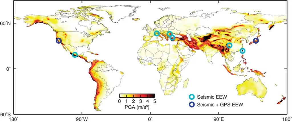 Global seismic hazard and extent of EEW. Symbols show the few regions of the world where public citizens and organizations currently receive earthquake warnings and the types of data used to generate those warnings. Background color is peak ground acceleration with 10% probability of exceedance in 50 years from the Global Seismic Hazard Assessment Program.