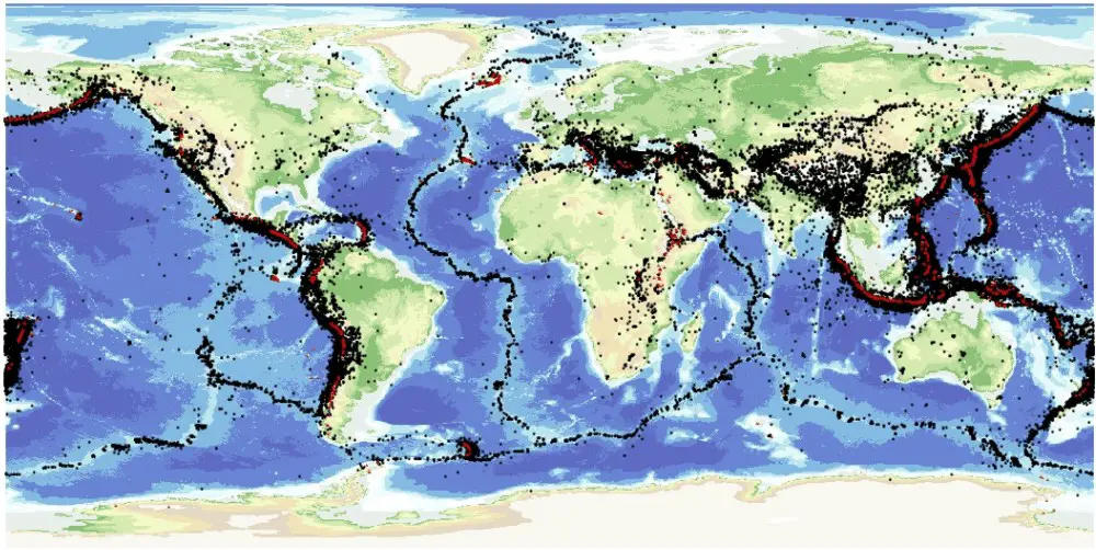 A map of the world's earthquakes shows that most of them lie in narrow zones, often around the edges of the continents, or in the middle of the oceans