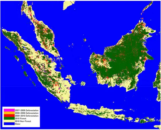 Color composite image showing four-year variation of forest cover in western Indonesia and Malaysia. Credit: SPIE
