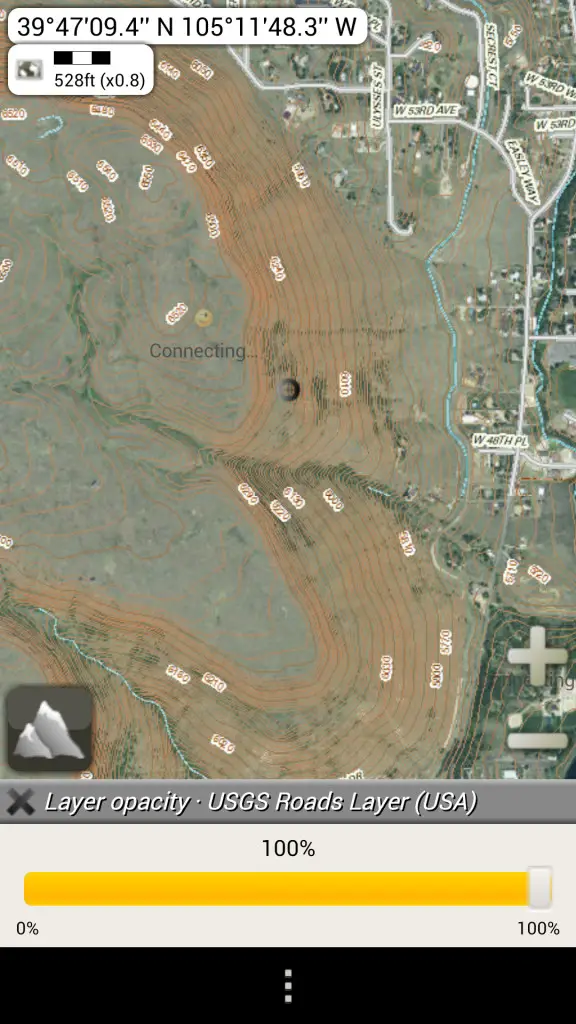 Screen shot of a mobile mapping service integrating USGS topographic data; hiking and biking trails south of Golden, Colo. Imagery with road and contour data overlaid via AlpineQuest.