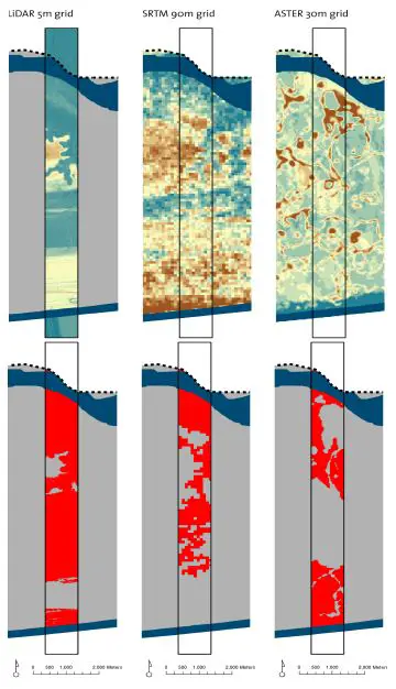 Terrain Elevation (Upper Image; The More Brownish, The Higher The Elevation) And Low Elevation Coastal Zone Area (Lower Image, LECZ Indicated In Red) For One Of The Strips.