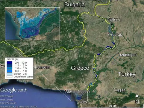 Basic scenario results of the Evros River and detail of delta inundation for 100 years recurrence interval. Data: SIO, NOAA, U.S. Navy, NGA, GEBCO ©2015 Basarasoft ©2015 Google