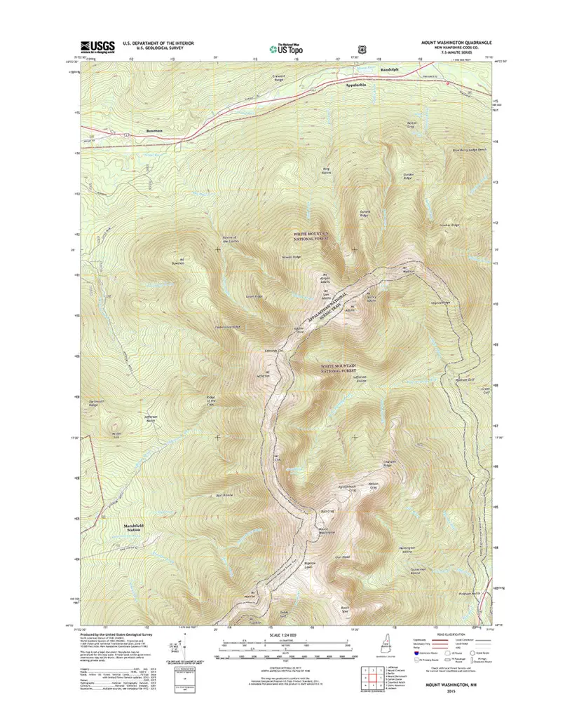 Updated 2015 version of the Mount Washington, New Hampshire with orthoimage turned off to better see the various trail networks. Credit: USGS